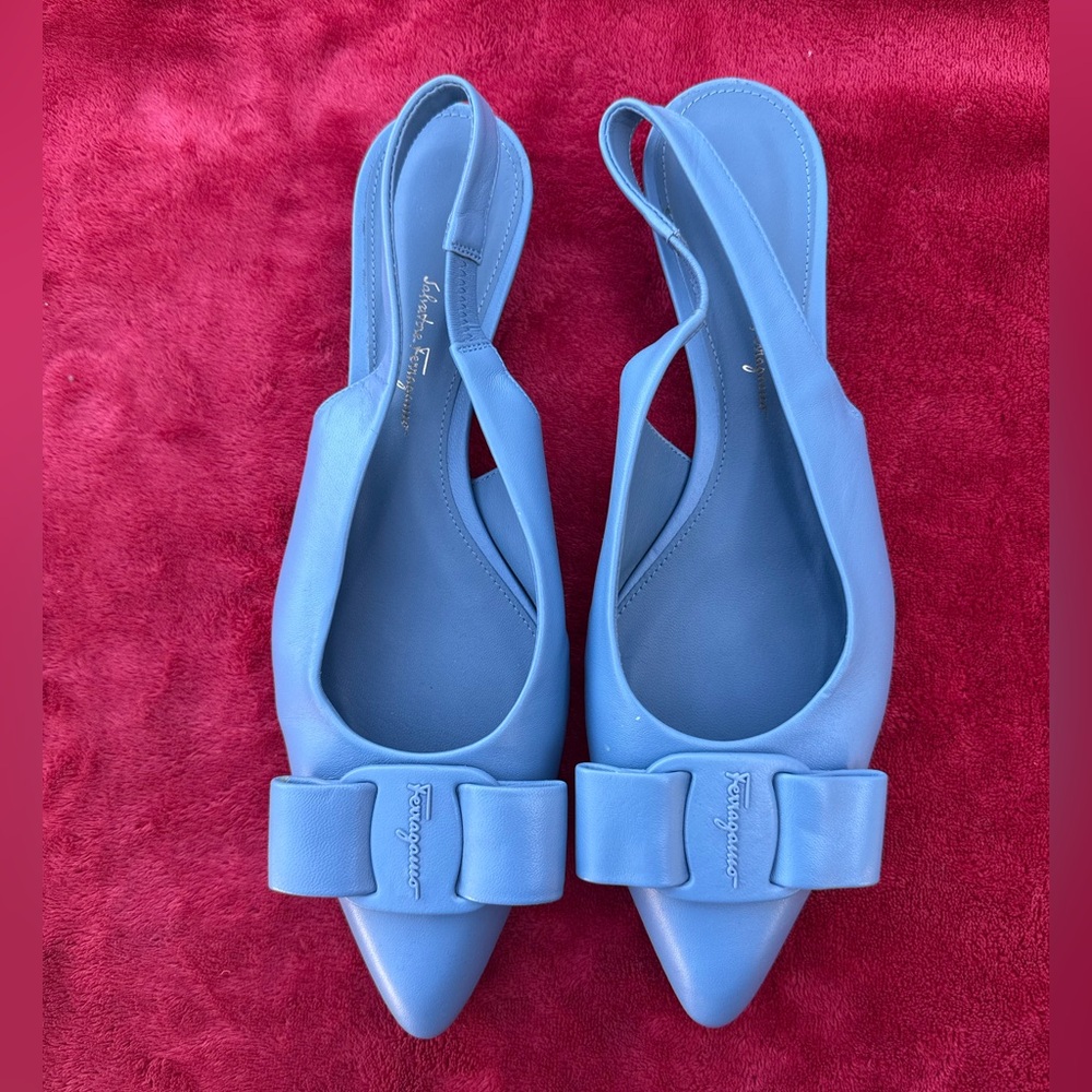 Salvatore Ferragamo Blue Leather Vara Bow slingback flats